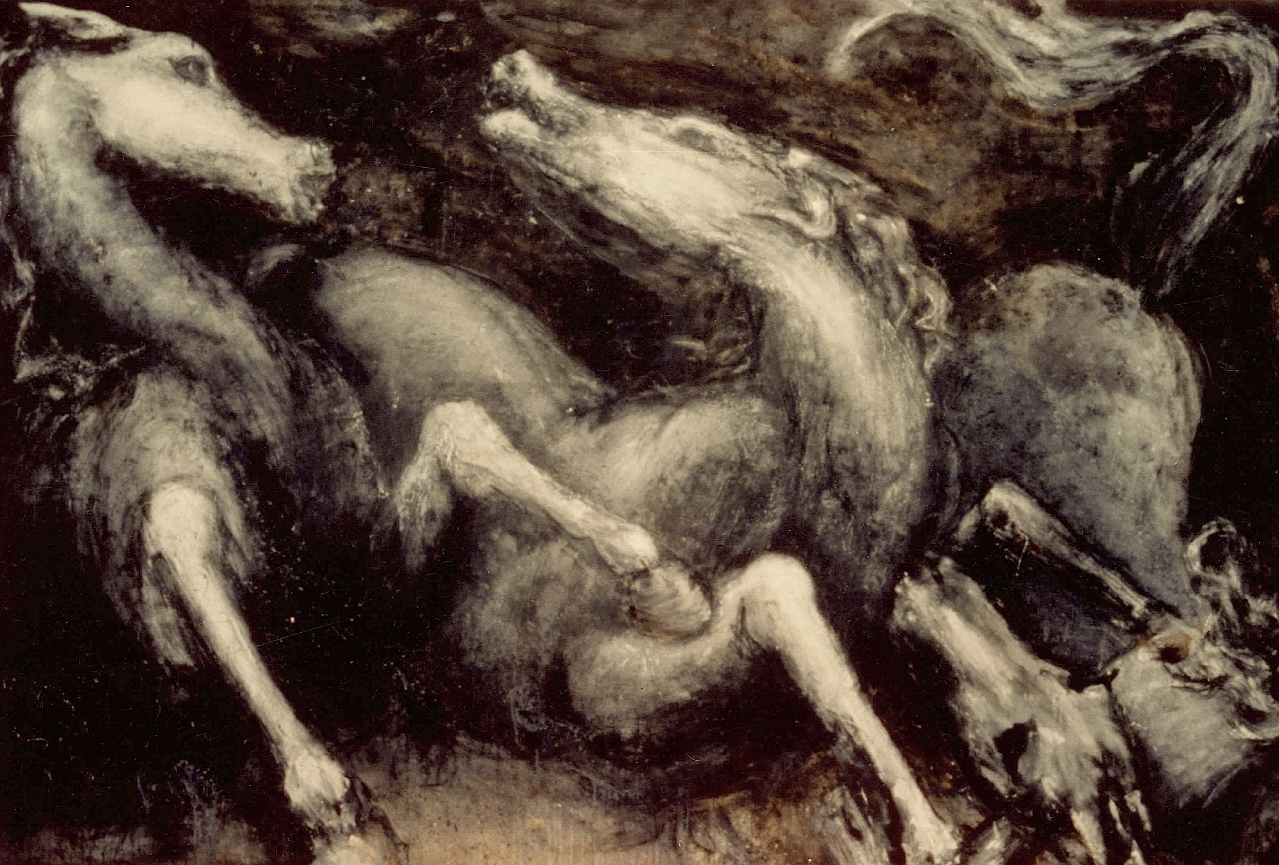 An Allegory painting: pale horses twisting and rearing out of a dark ground, their forms half-emerged from the paint.
